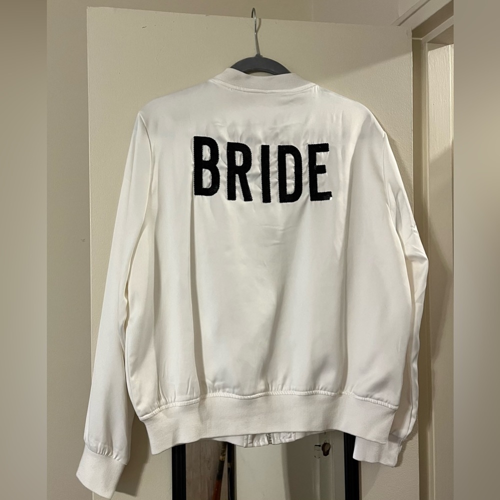 Bride Embroidered Sequins Satin Bomber Jacket - White